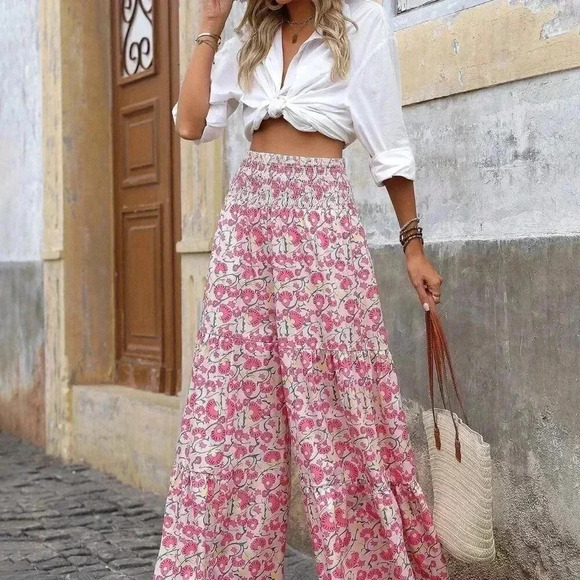 Pink Boho Women's Allover Print High Waist Wrap Around Wide Leg Pants - Picture 3 of 5